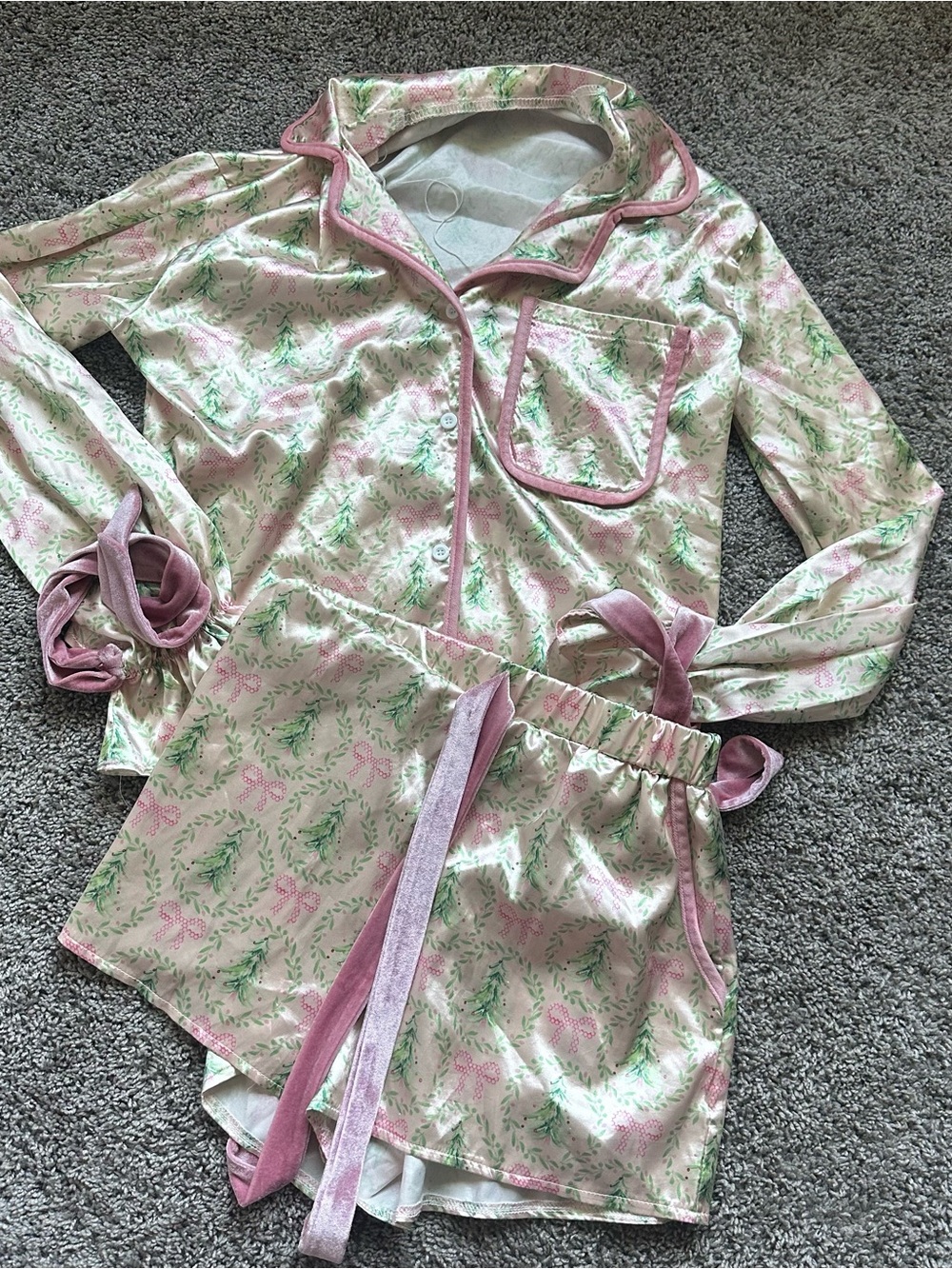 Women's Pink Floral Satin Pajama Set with Contrast Trim